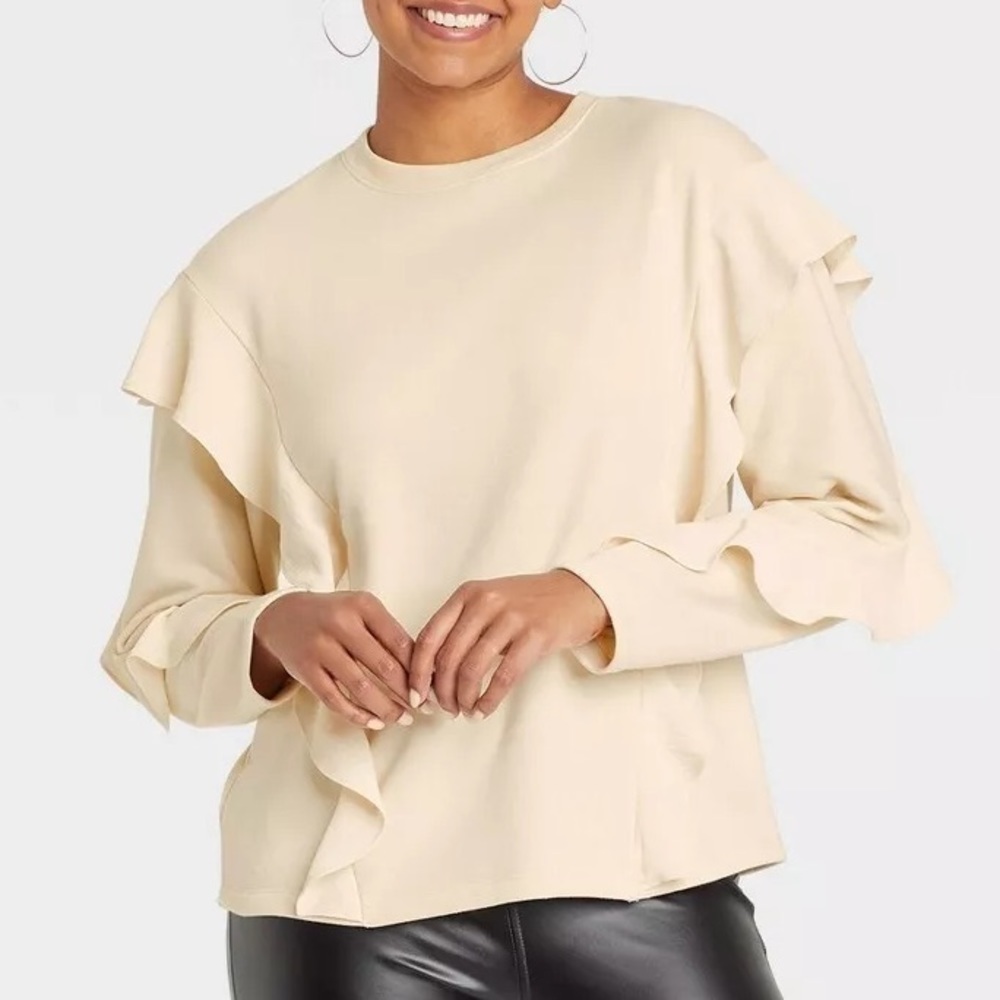 A New Day Women Sz S Ivory Long Sleeve Ruffled Crew Neck Pullover Sweatshirt